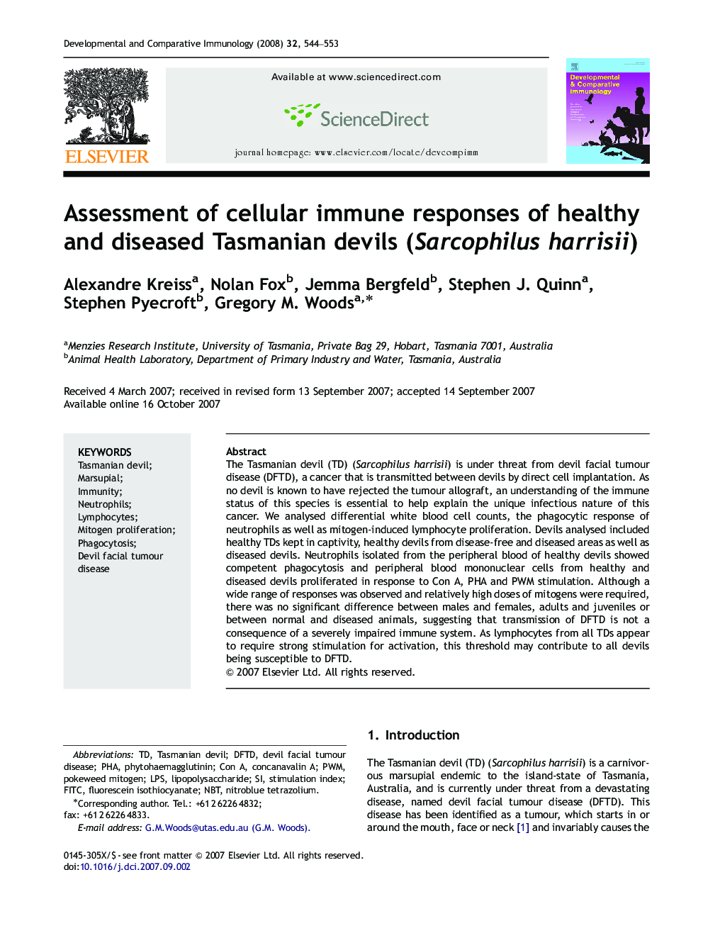 Assessment of cellular immune responses of healthy and diseased Tasmanian devils (Sarcophilus harrisii)