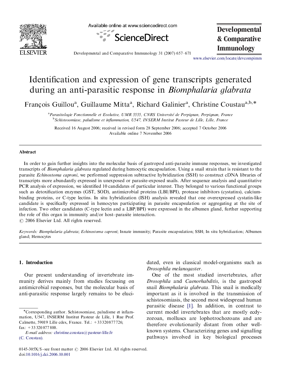 Identification and expression of gene transcripts generated during an anti-parasitic response in Biomphalaria glabrata