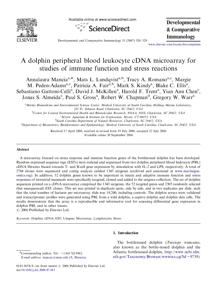 A dolphin peripheral blood leukocyte cDNA microarray for studies of immune function and stress reactions