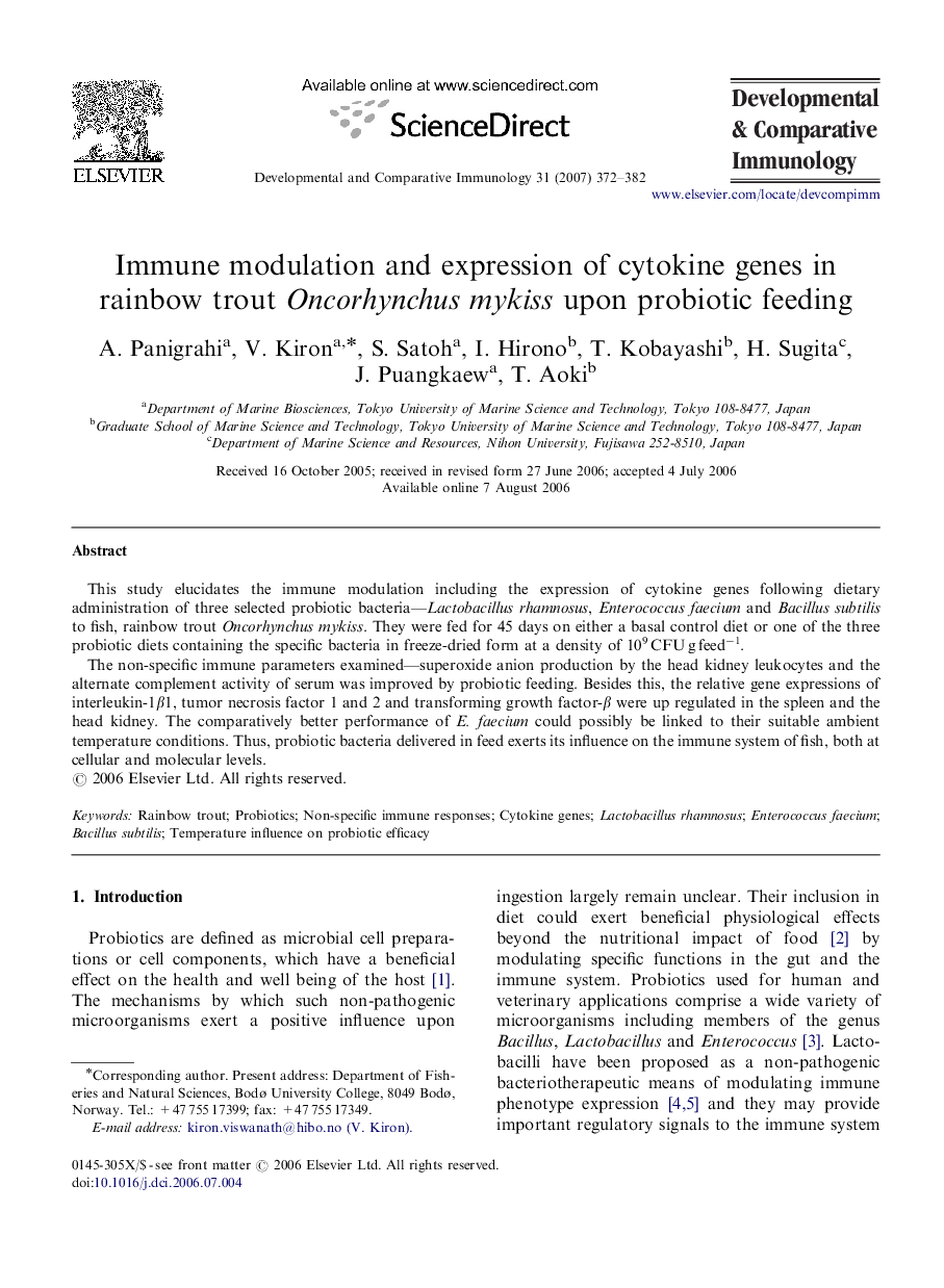 Immune modulation and expression of cytokine genes in rainbow trout Oncorhynchus mykiss upon probiotic feeding