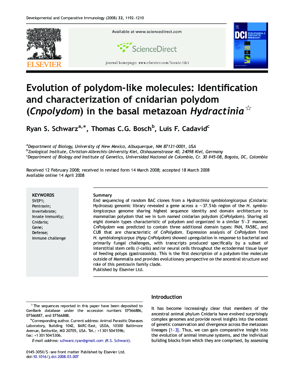 Evolution of polydom-like molecules: Identification and characterization of cnidarian polydom (Cnpolydom) in the basal metazoan Hydractinia 