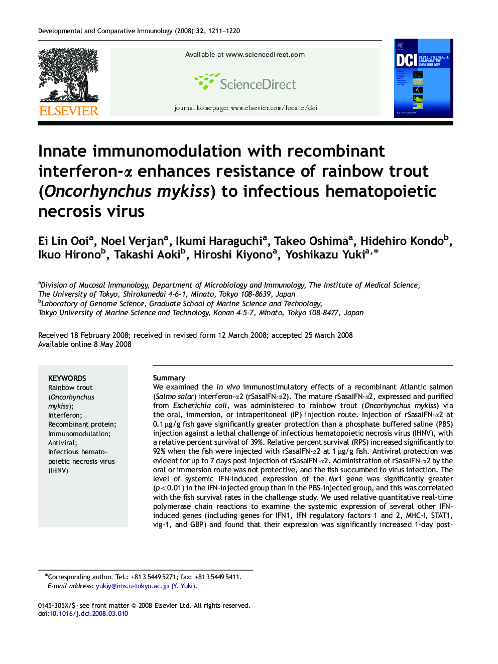 Innate immunomodulation with recombinant interferon-α enhances resistance of rainbow trout (Oncorhynchus mykiss) to infectious hematopoietic necrosis virus