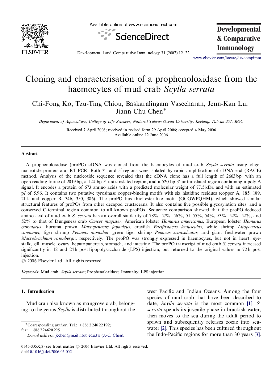 Cloning and characterisation of a prophenoloxidase from the haemocytes of mud crab Scylla serrata