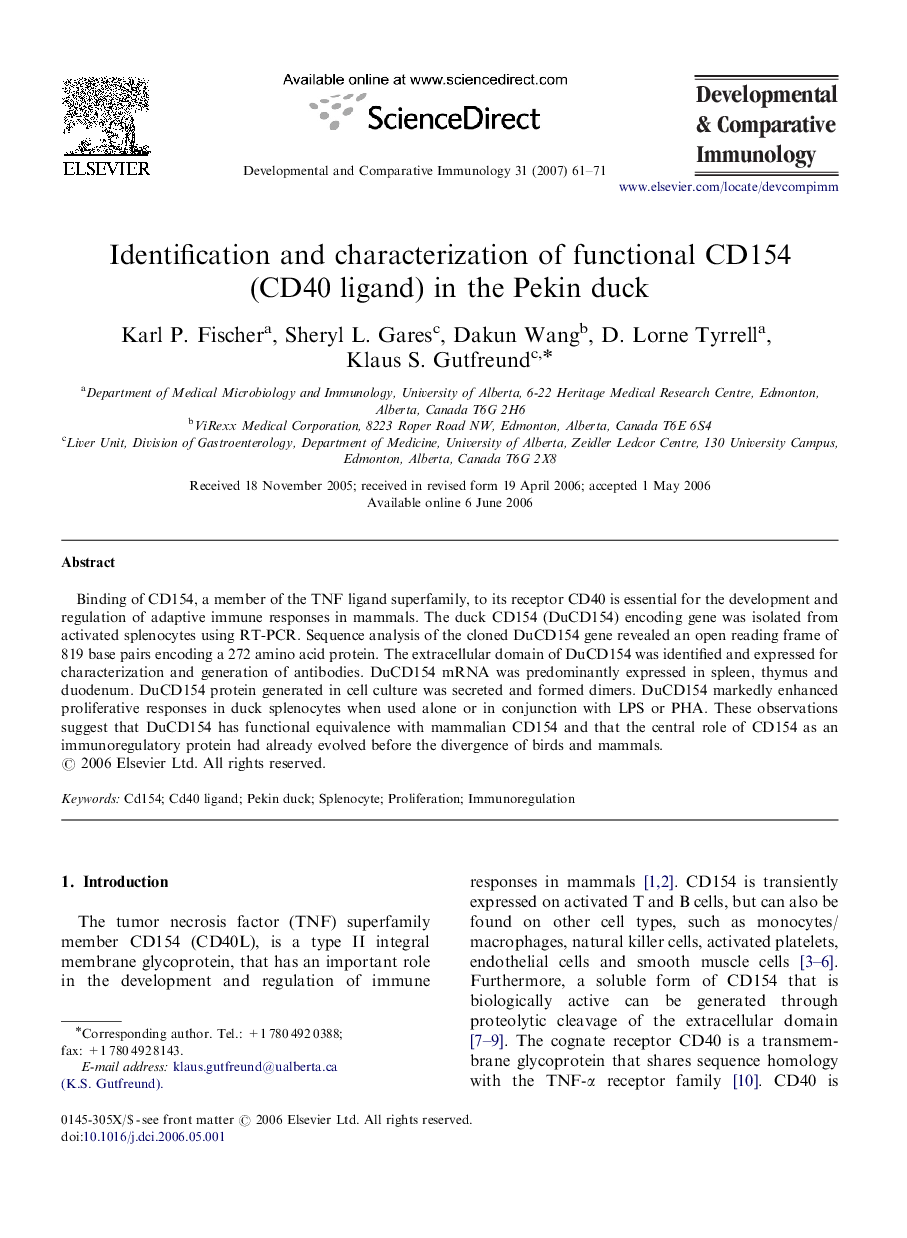 Identification and characterization of functional CD154 (CD40 ligand) in the Pekin duck