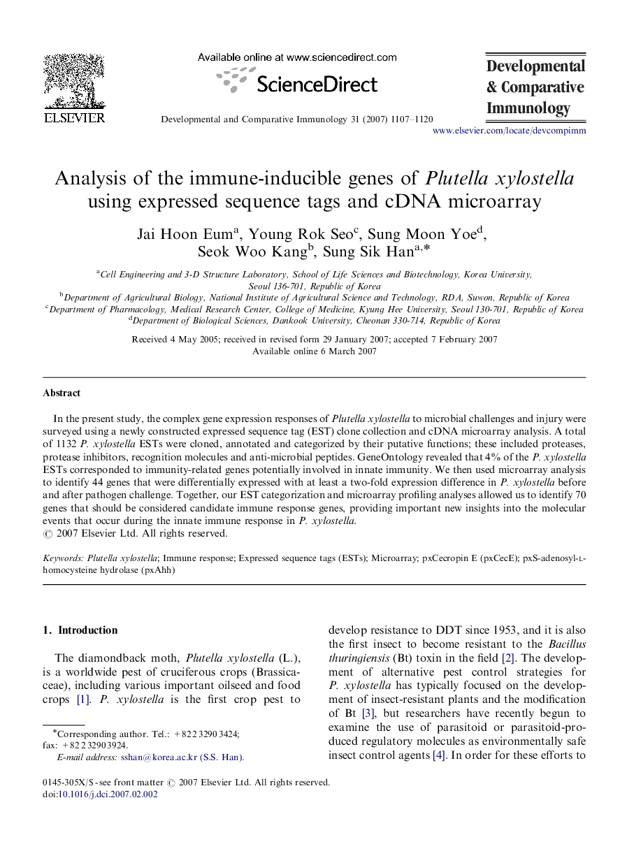 Analysis of the immune-inducible genes of Plutella xylostella using expressed sequence tags and cDNA microarray