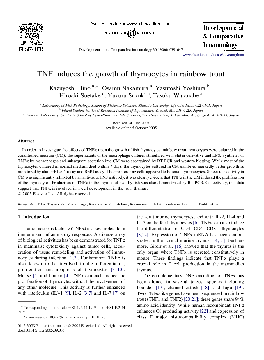 TNF induces the growth of thymocytes in rainbow trout