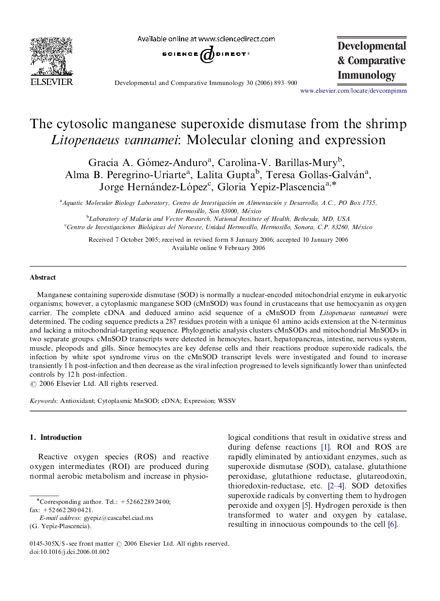 The cytosolic manganese superoxide dismutase from the shrimp Litopenaeus vannamei: Molecular cloning and expression