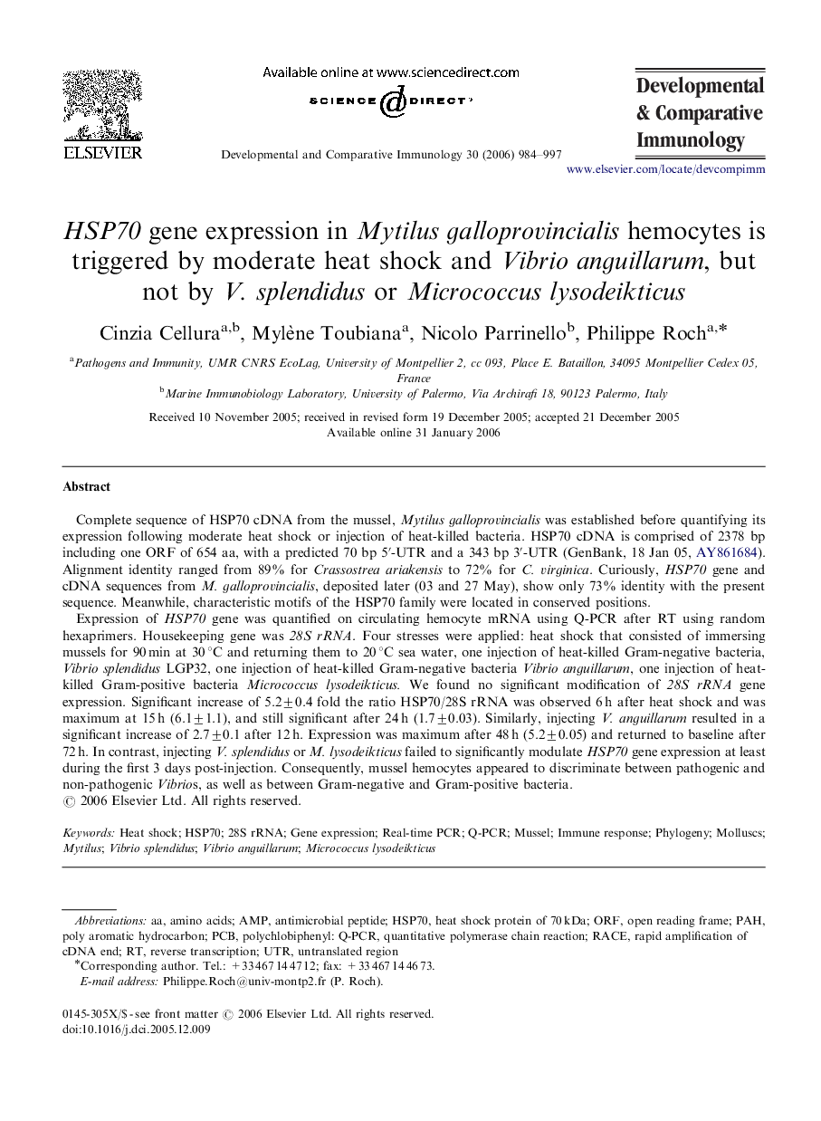 HSP70 gene expression in Mytilus galloprovincialis hemocytes is triggered by moderate heat shock and Vibrio anguillarum, but not by V. splendidus or Micrococcus lysodeikticus