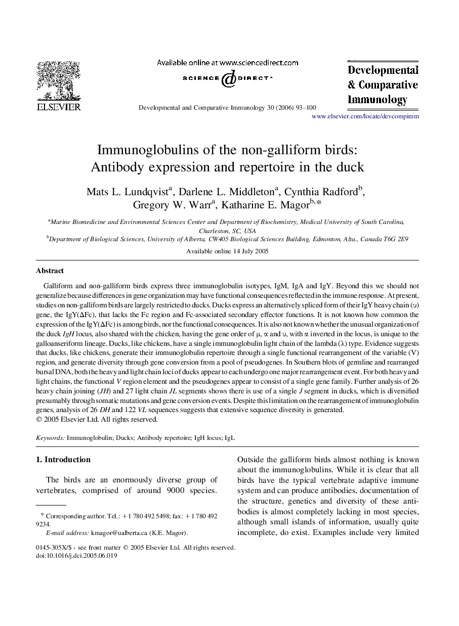 Immunoglobulins of the non-galliform birds: Antibody expression and repertoire in the duck