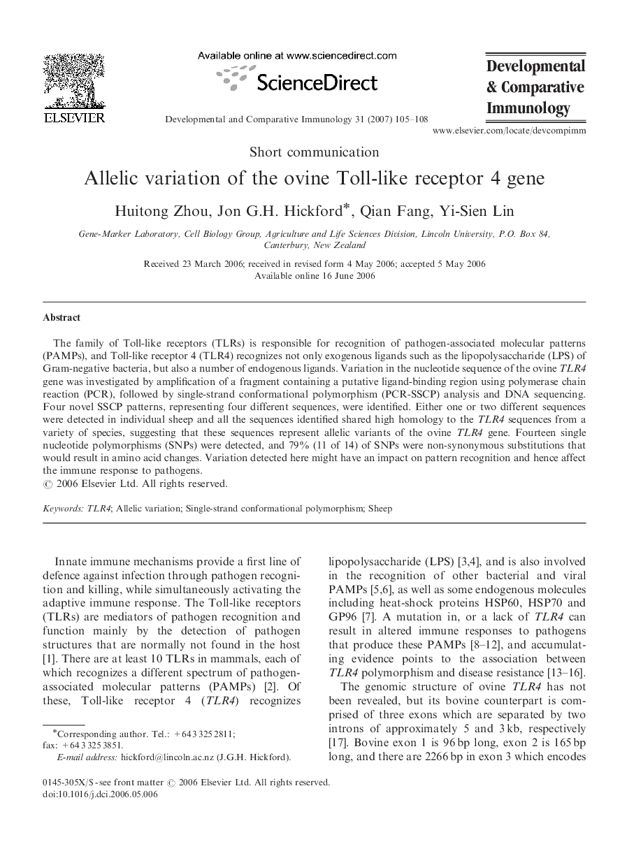 Allelic variation of the ovine Toll-like receptor 4 gene