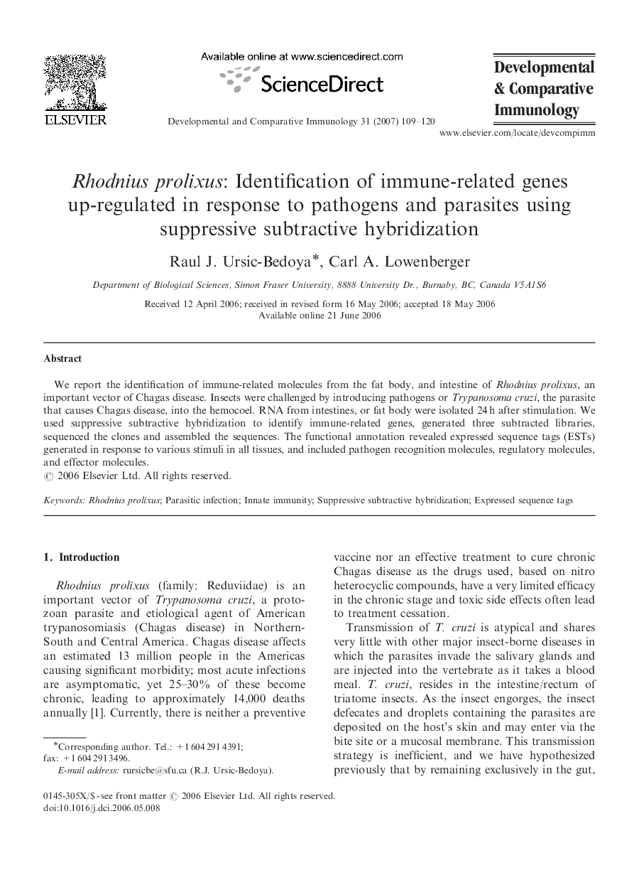 Rhodnius prolixus: Identification of immune-related genes up-regulated in response to pathogens and parasites using suppressive subtractive hybridization