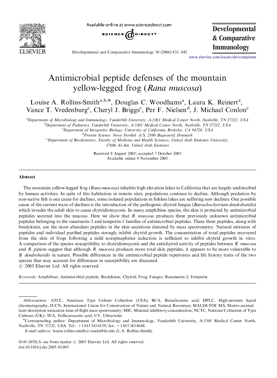 Antimicrobial peptide defenses of the mountain yellow-legged frog (Rana muscosa)