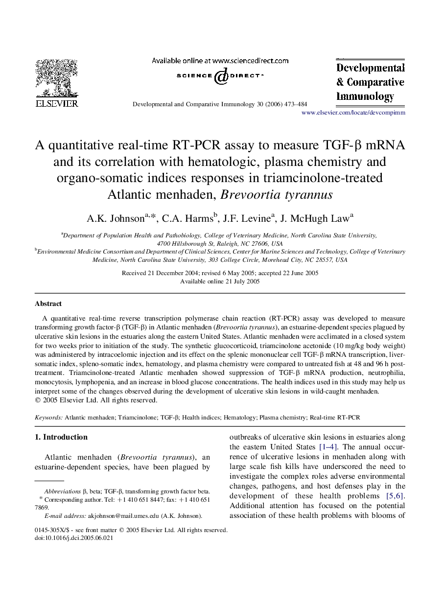 A quantitative real-time RT-PCR assay to measure TGF-β mRNA and its correlation with hematologic, plasma chemistry and organo-somatic indices responses in triamcinolone-treated Atlantic menhaden, Brevoortia tyrannus