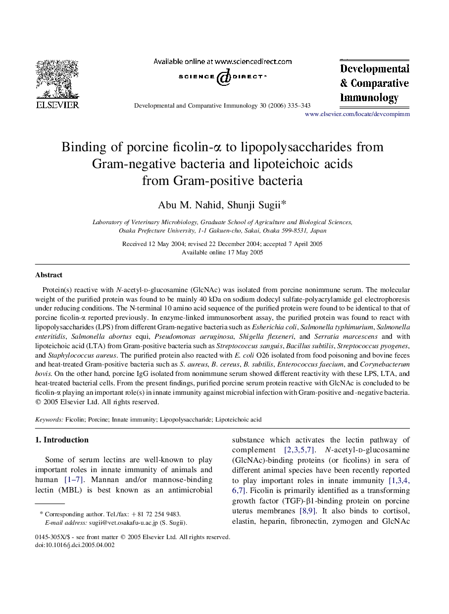 Binding of porcine ficolin-Î± to lipopolysaccharides from Gram-negative bacteria and lipoteichoic acids from Gram-positive bacteria