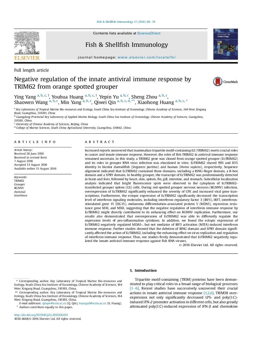 Negative regulation of the innate antiviral immune response by TRIM62 from orange spotted grouper