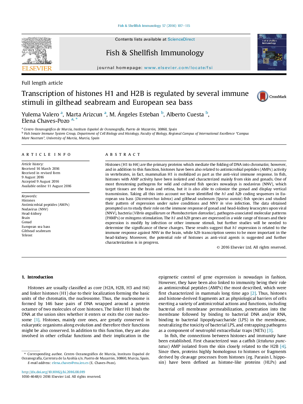 Transcription of histones H1 and H2B is regulated by several immune stimuli in gilthead seabream and European sea bass