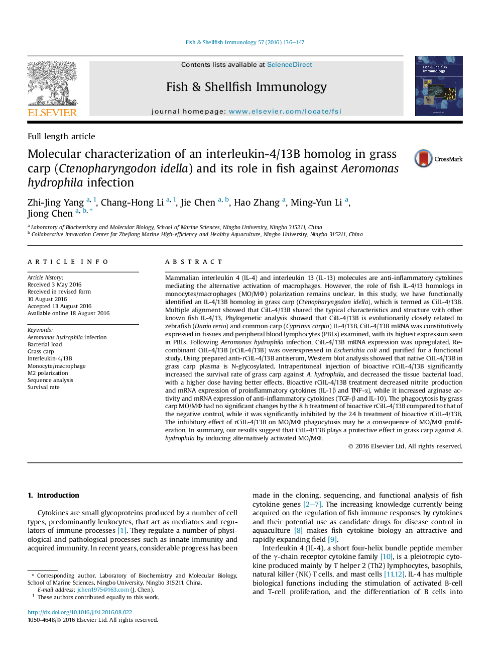 Molecular characterization of an interleukin-4/13B homolog in grass carp (Ctenopharyngodon idella) and its role in fish against Aeromonas hydrophila infection