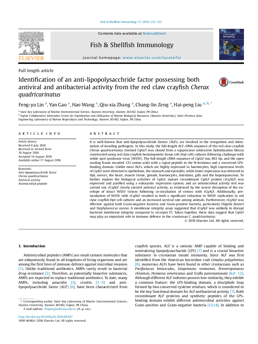 Identification of an anti-lipopolysacchride factor possessing both antiviral and antibacterial activity from the red claw crayfish Cherax quadricarinatus