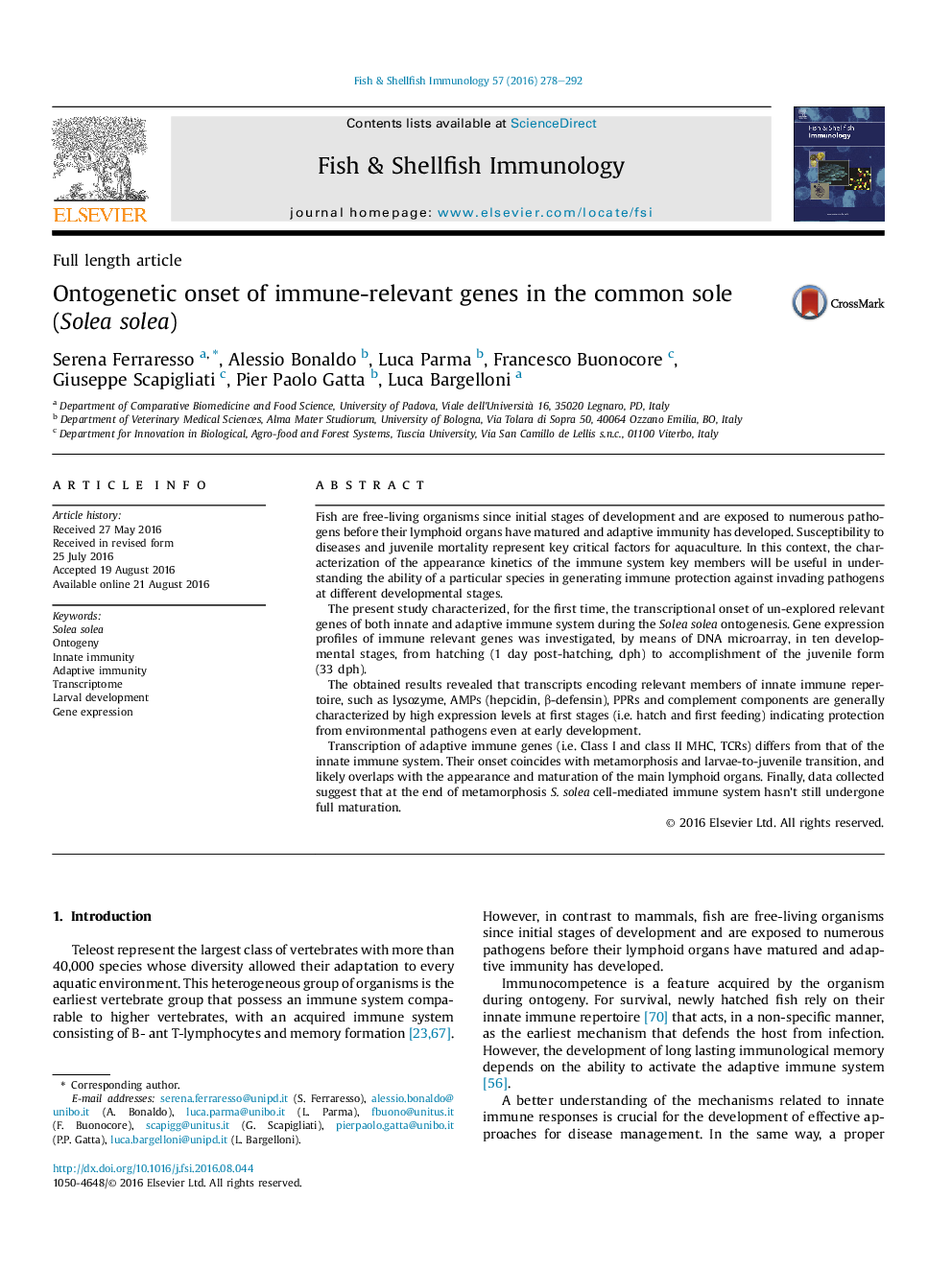 Ontogenetic onset of immune-relevant genes in the common sole (Solea solea)