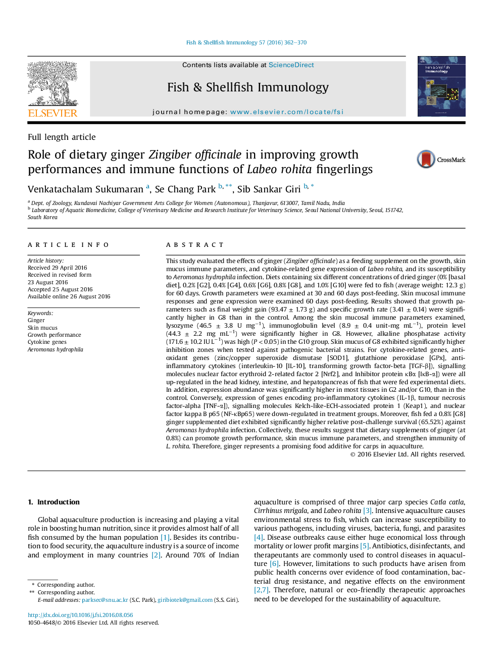 Role of dietary ginger Zingiber officinale in improving growth performances and immune functions of Labeo rohita fingerlings