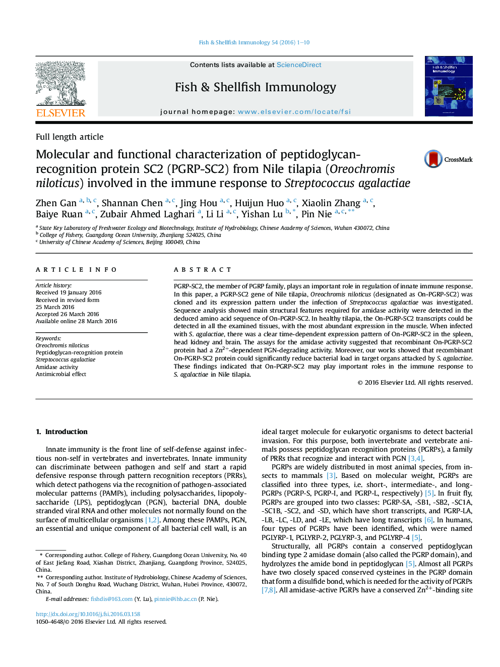 Molecular and functional characterization of peptidoglycan-recognition protein SC2 (PGRP-SC2) from Nile tilapia (Oreochromis niloticus) involved in the immune response to Streptococcus agalactiae