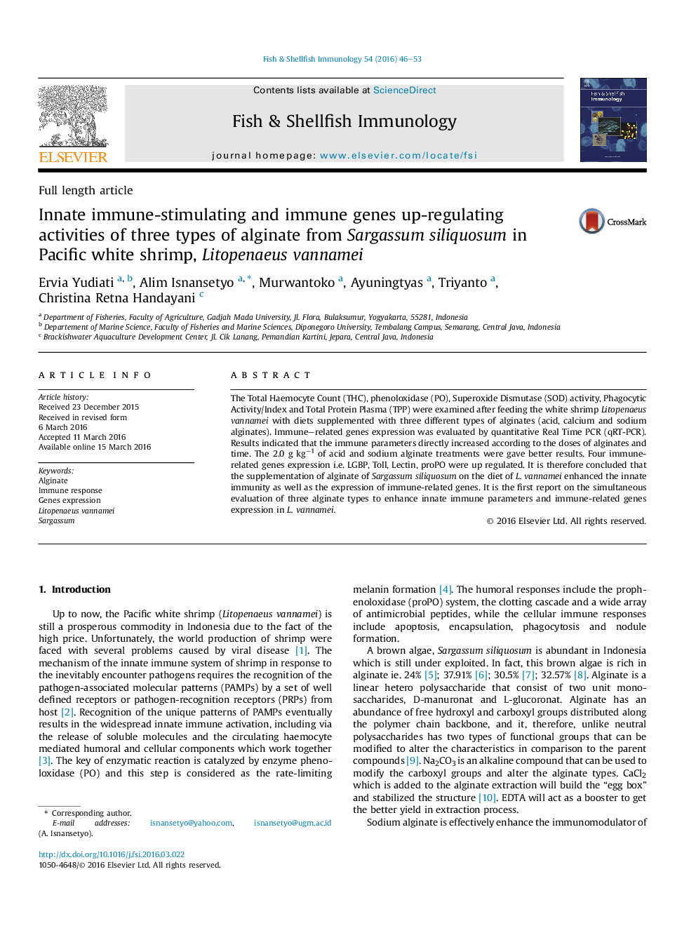 Innate immune-stimulating and immune genes up-regulating activities of three types of alginate from Sargassum siliquosum in Pacific white shrimp, Litopenaeus vannamei