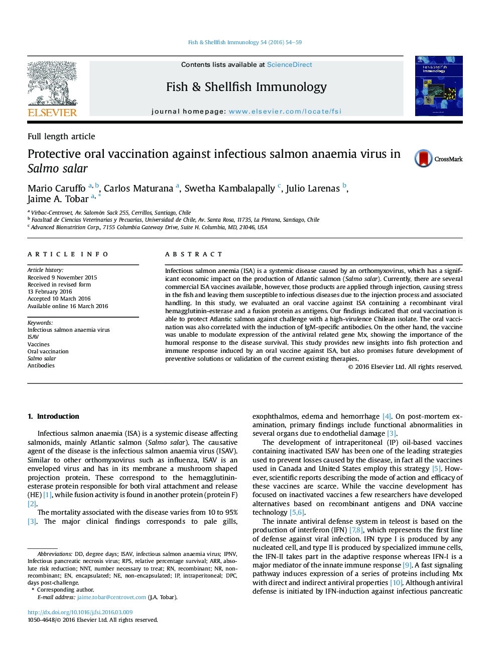 Protective oral vaccination against infectious salmon anaemia virus in Salmo salar