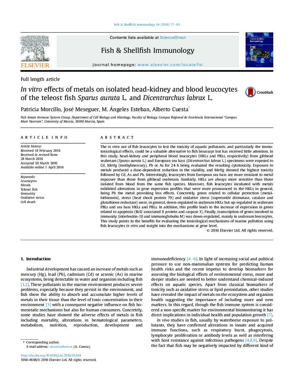 In vitro effects of metals on isolated head-kidney and blood leucocytes of the teleost fish Sparus aurata L. and Dicentrarchus labrax L.