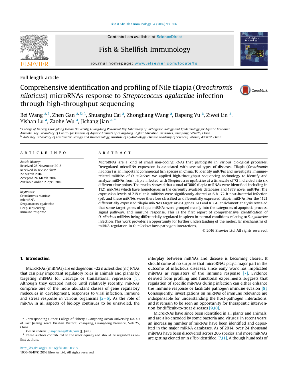 Comprehensive identification and profiling of Nile tilapia (Oreochromis niloticus) microRNAs response to Streptococcus agalactiae infection through high-throughput sequencing