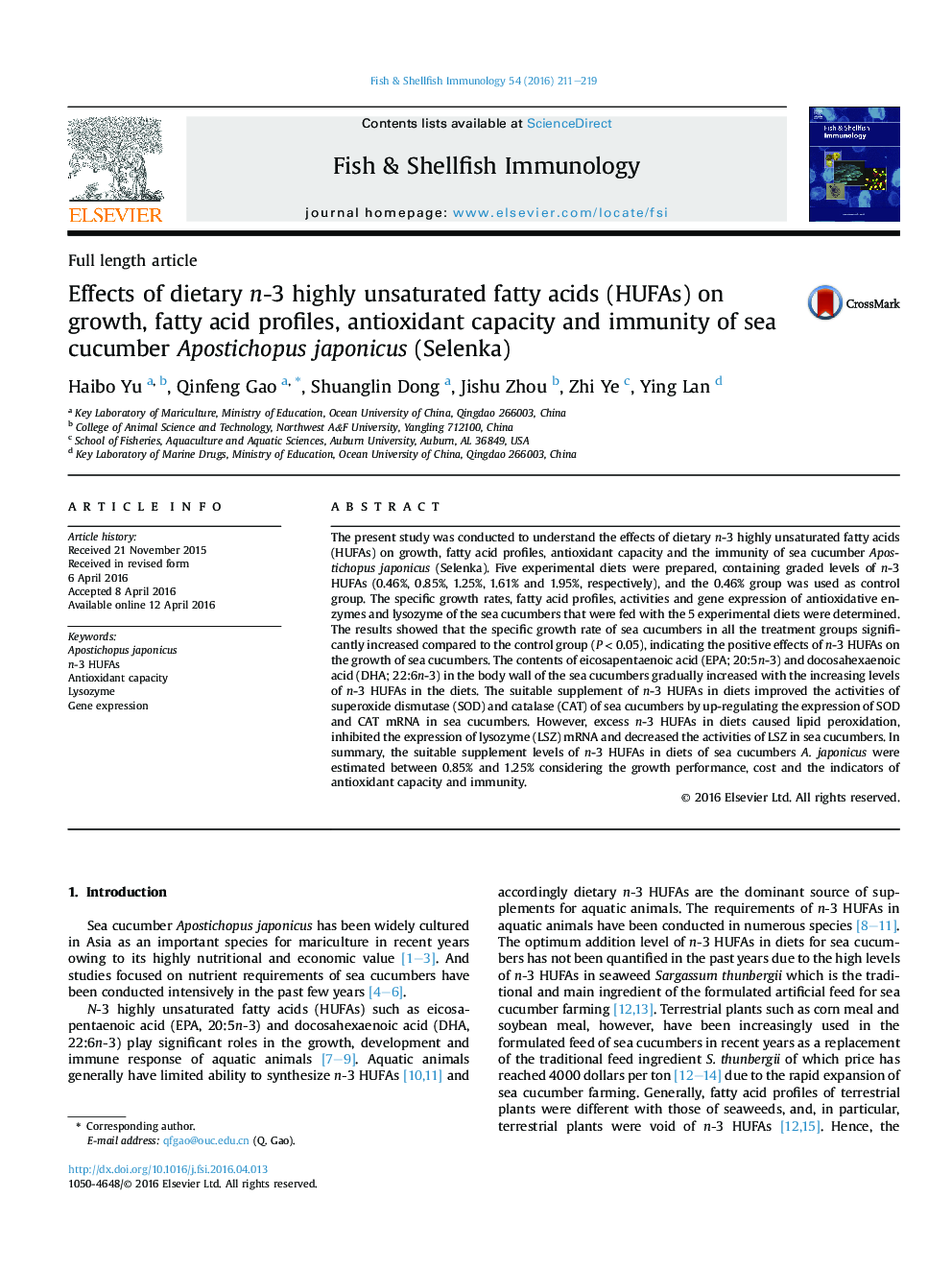 Effects of dietary n-3 highly unsaturated fatty acids (HUFAs) on growth, fatty acid profiles, antioxidant capacity and immunity of sea cucumber Apostichopus japonicus (Selenka)