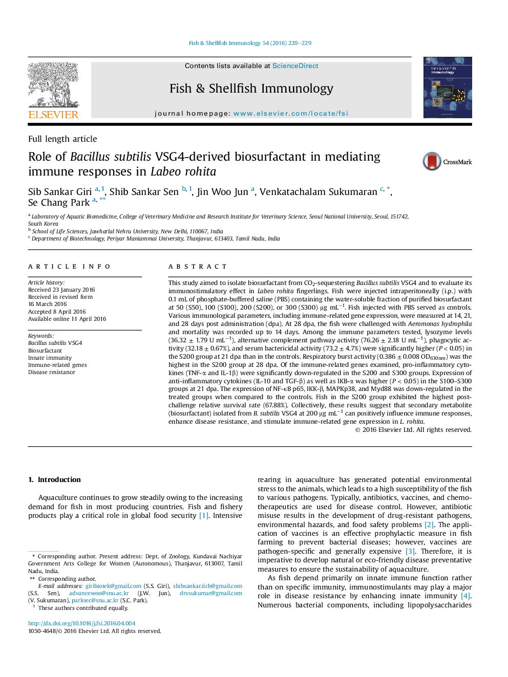 Role of Bacillus subtilis VSG4-derived biosurfactant in mediating immune responses in Labeo rohita