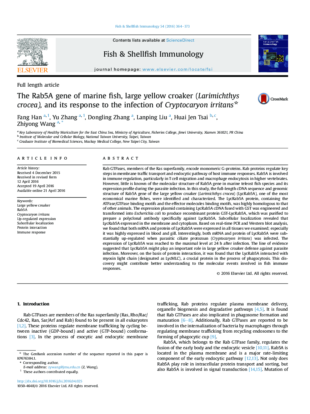 The Rab5A gene of marine fish, large yellow croaker (Larimichthys crocea), and its response to the infection of Cryptocaryon irritans 