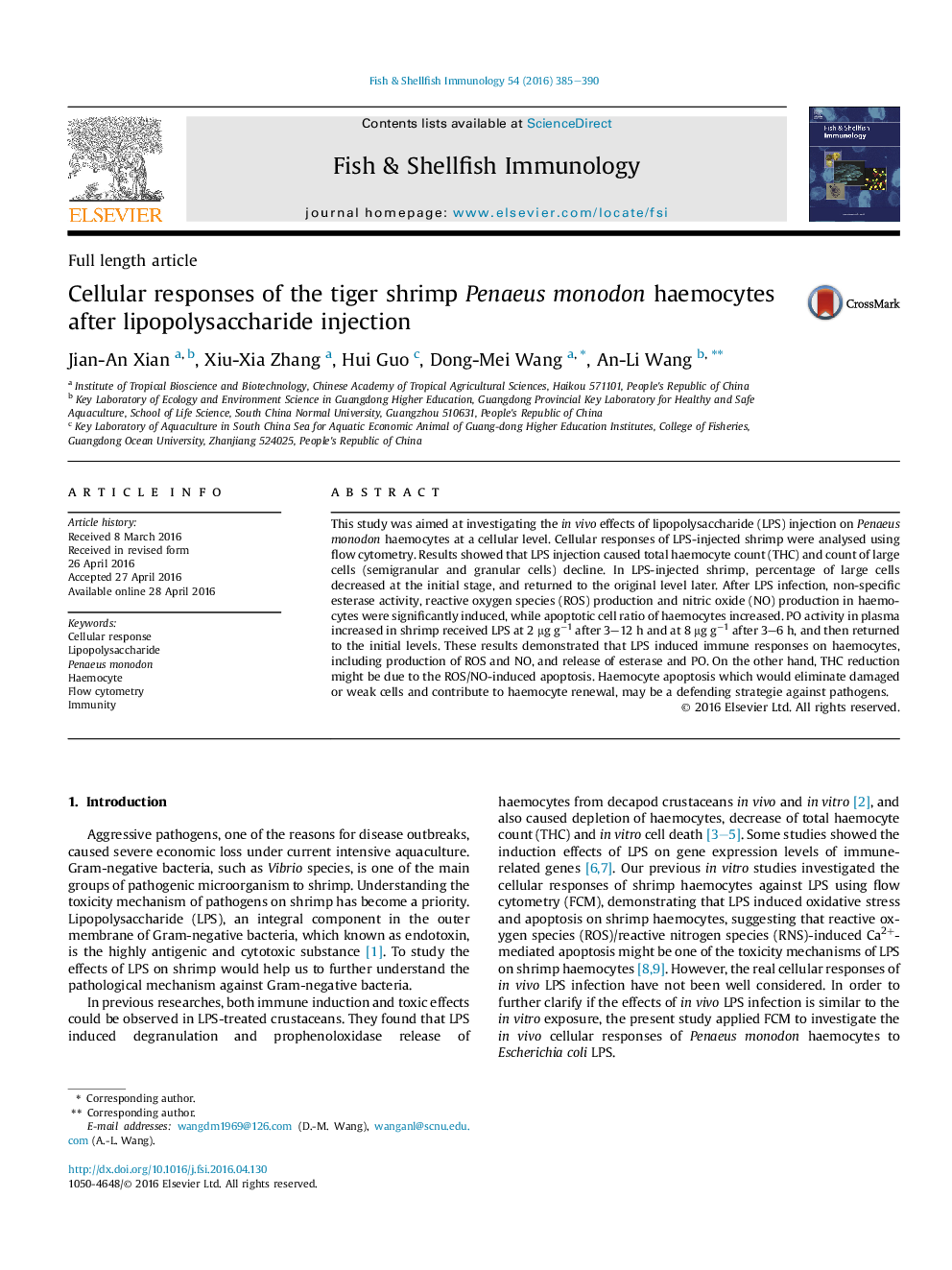 Cellular responses of the tiger shrimp Penaeus monodon haemocytes after lipopolysaccharide injection