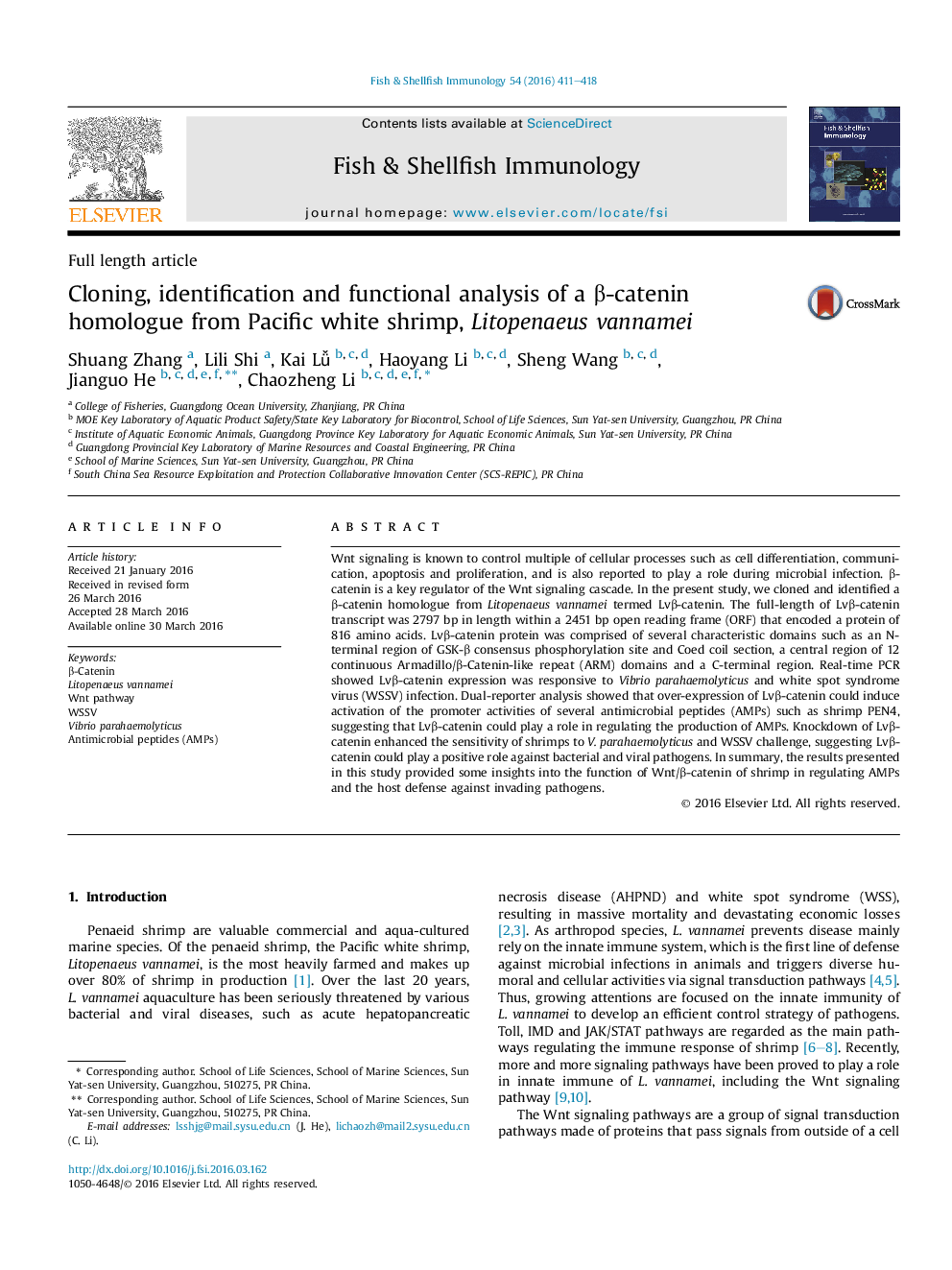 Cloning, identification and functional analysis of a β-catenin homologue from Pacific white shrimp, Litopenaeus vannamei