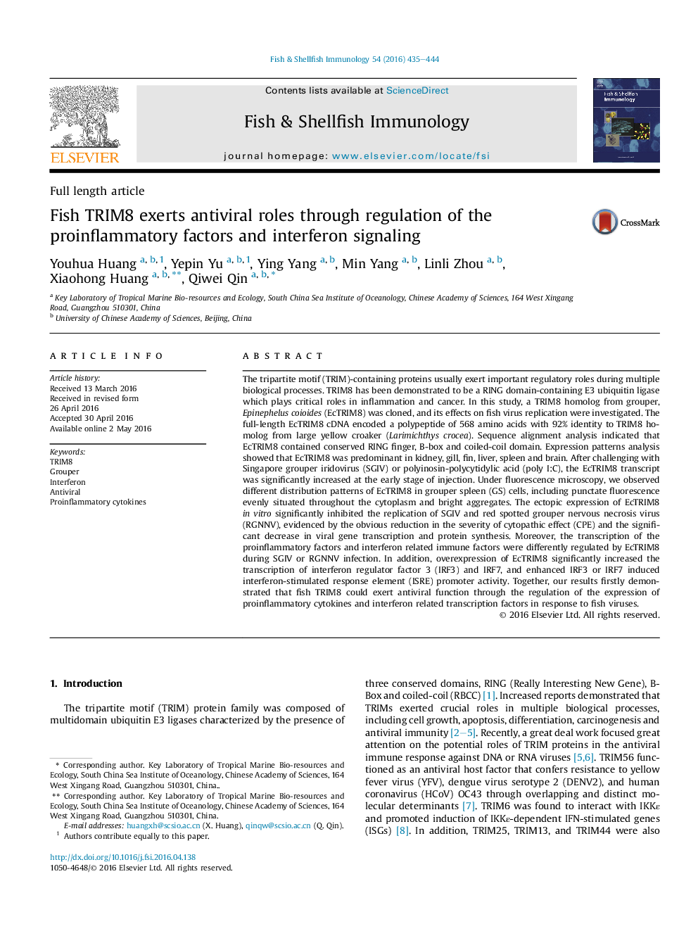 Fish TRIM8 exerts antiviral roles through regulation of the proinflammatory factors and interferon signaling