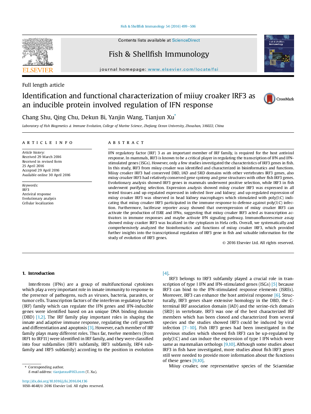 Identification and functional characterization of miiuy croaker IRF3 as an inducible protein involved regulation of IFN response