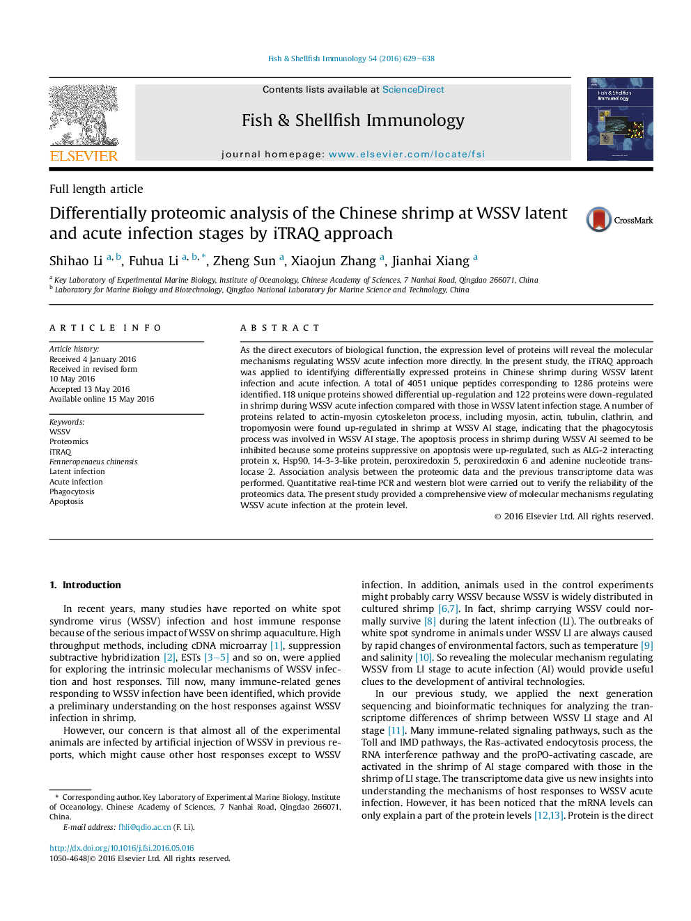 Differentially proteomic analysis of the Chinese shrimp at WSSV latent and acute infection stages by iTRAQ approach