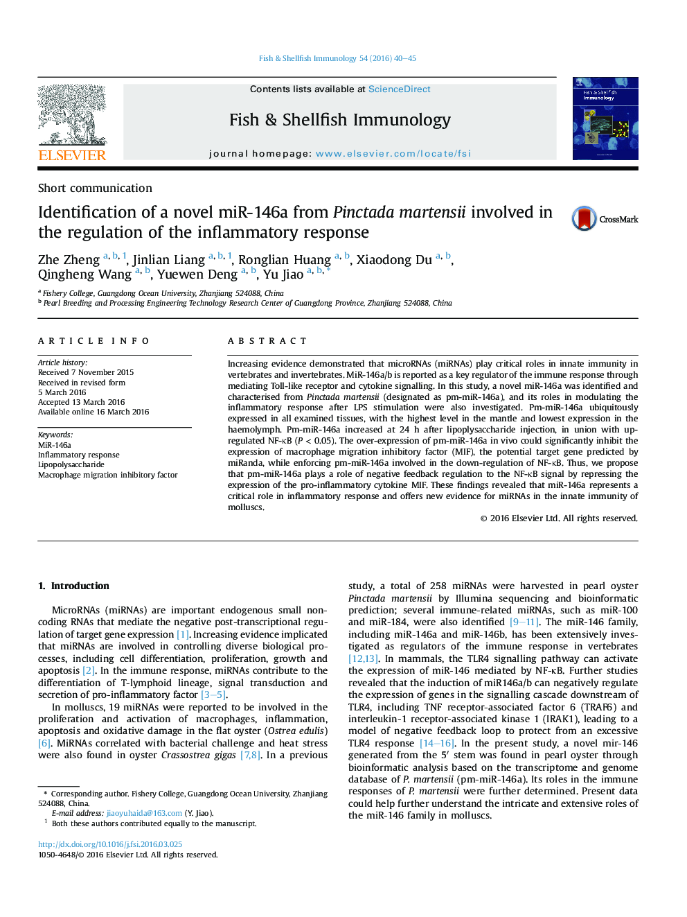 Identification of a novel miR-146a from Pinctada martensii involved in the regulation of the inflammatory response