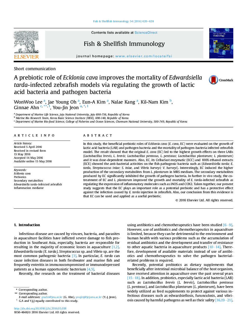 A prebiotic role of Ecklonia cava improves the mortality of Edwardsiella tarda-infected zebrafish models via regulating the growth of lactic acid bacteria and pathogen bacteria