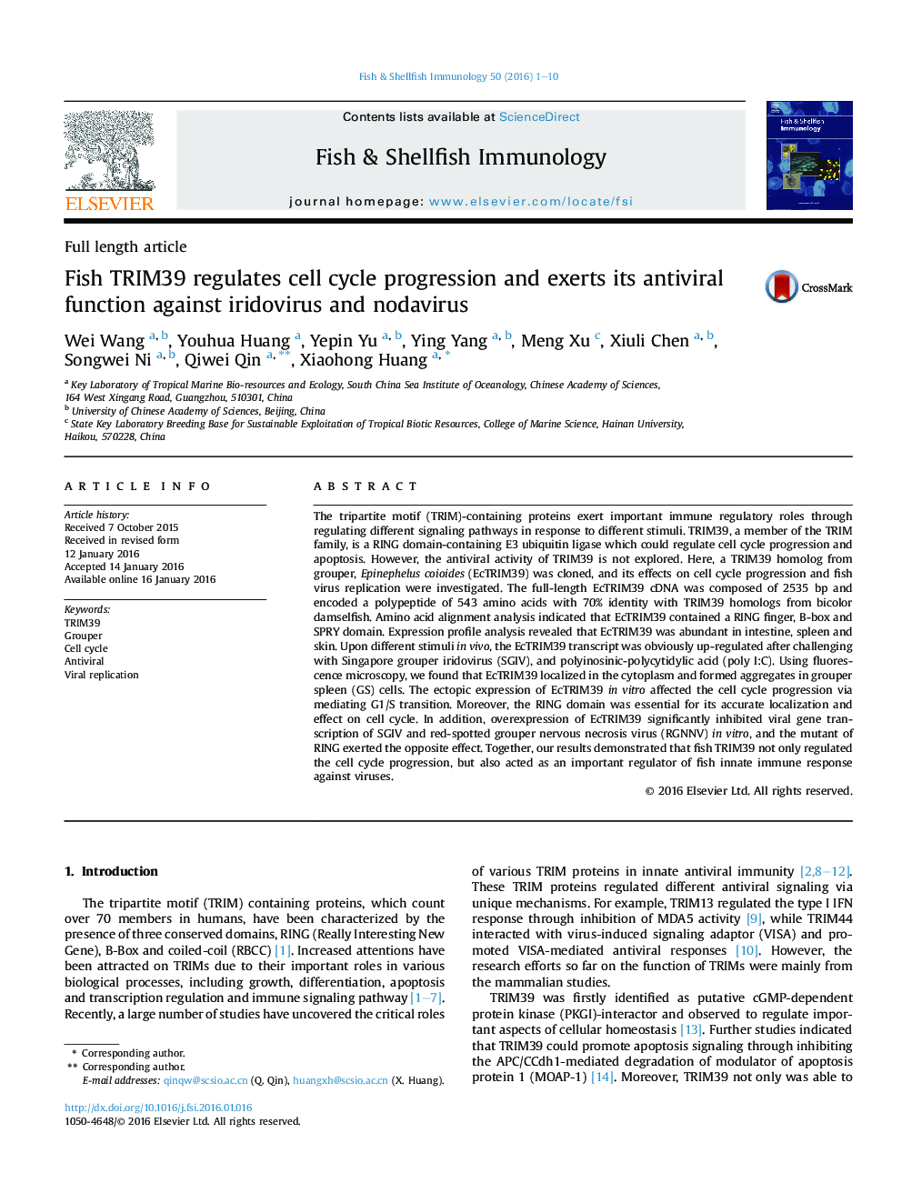 Fish TRIM39 regulates cell cycle progression and exerts its antiviral function against iridovirus and nodavirus