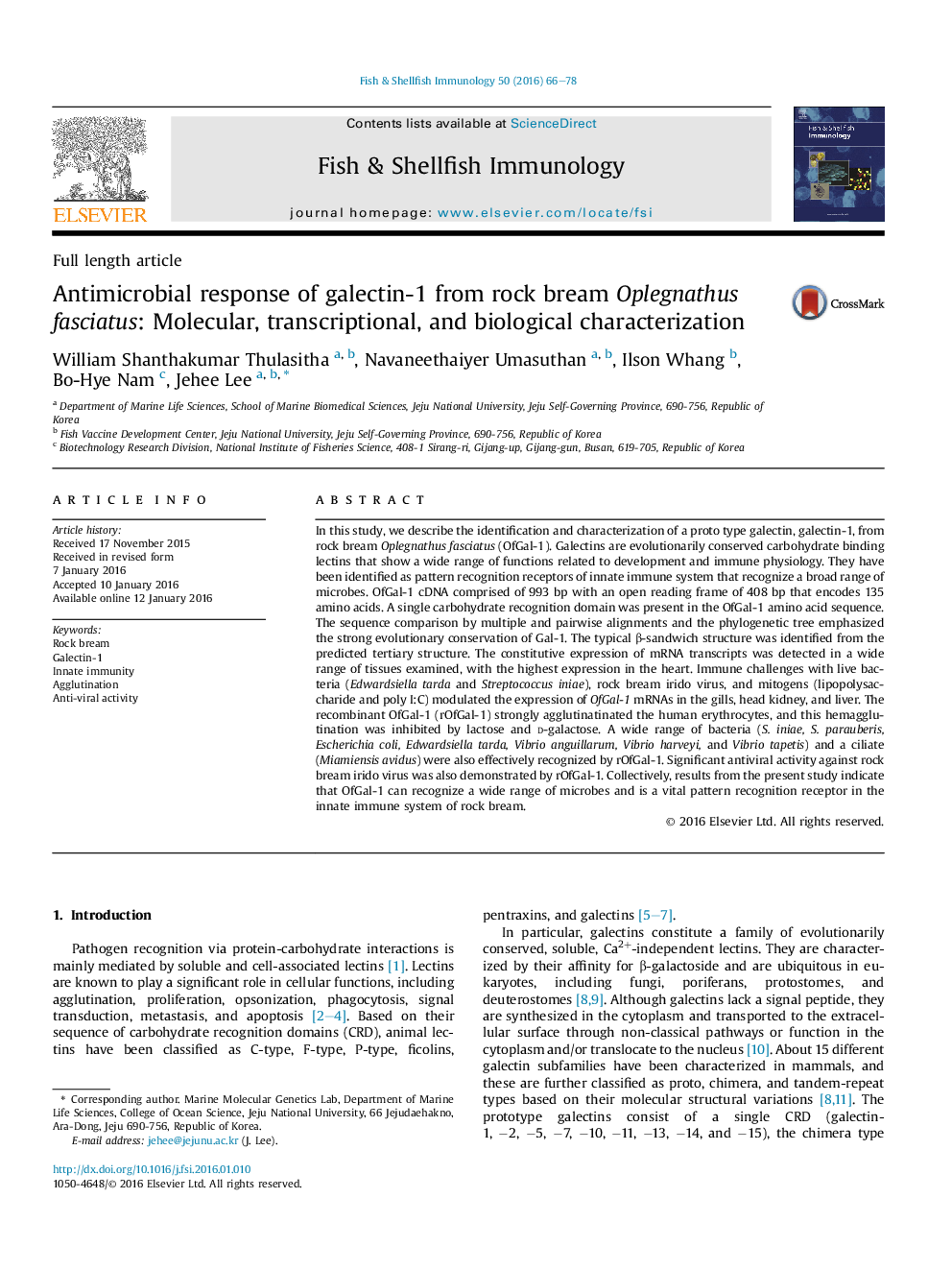 Antimicrobial response of galectin-1 from rock bream Oplegnathus fasciatus: Molecular, transcriptional, and biological characterization