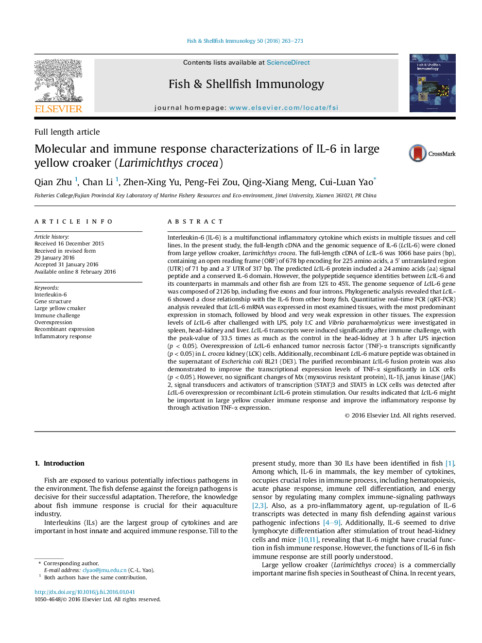 Molecular and immune response characterizations of IL-6 in large yellow croaker (Larimichthys crocea)