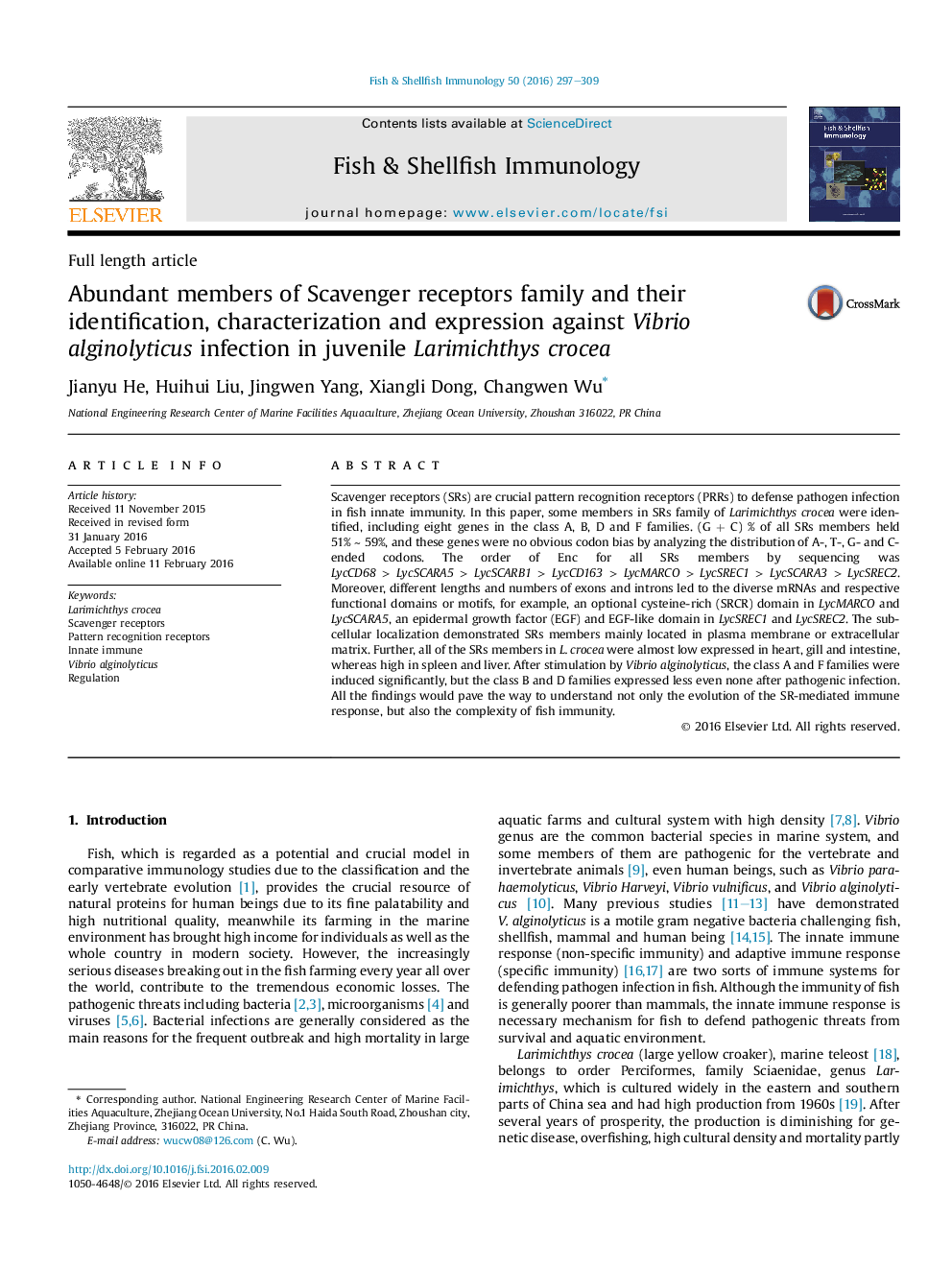 Abundant members of Scavenger receptors family and their identification, characterization and expression against Vibrio alginolyticus infection in juvenile Larimichthys crocea