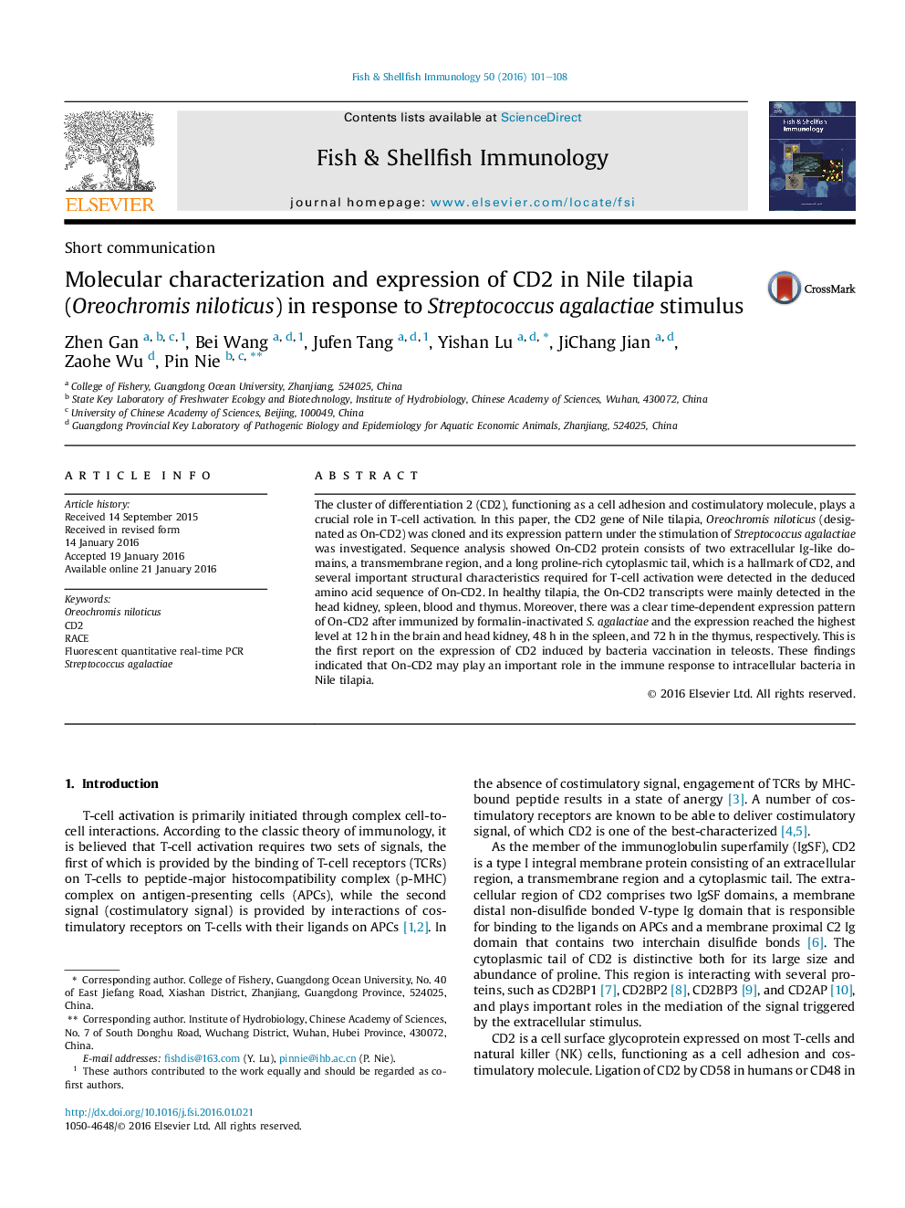 Molecular characterization and expression of CD2 in Nile tilapia (Oreochromis niloticus) in response to Streptococcus agalactiae stimulus