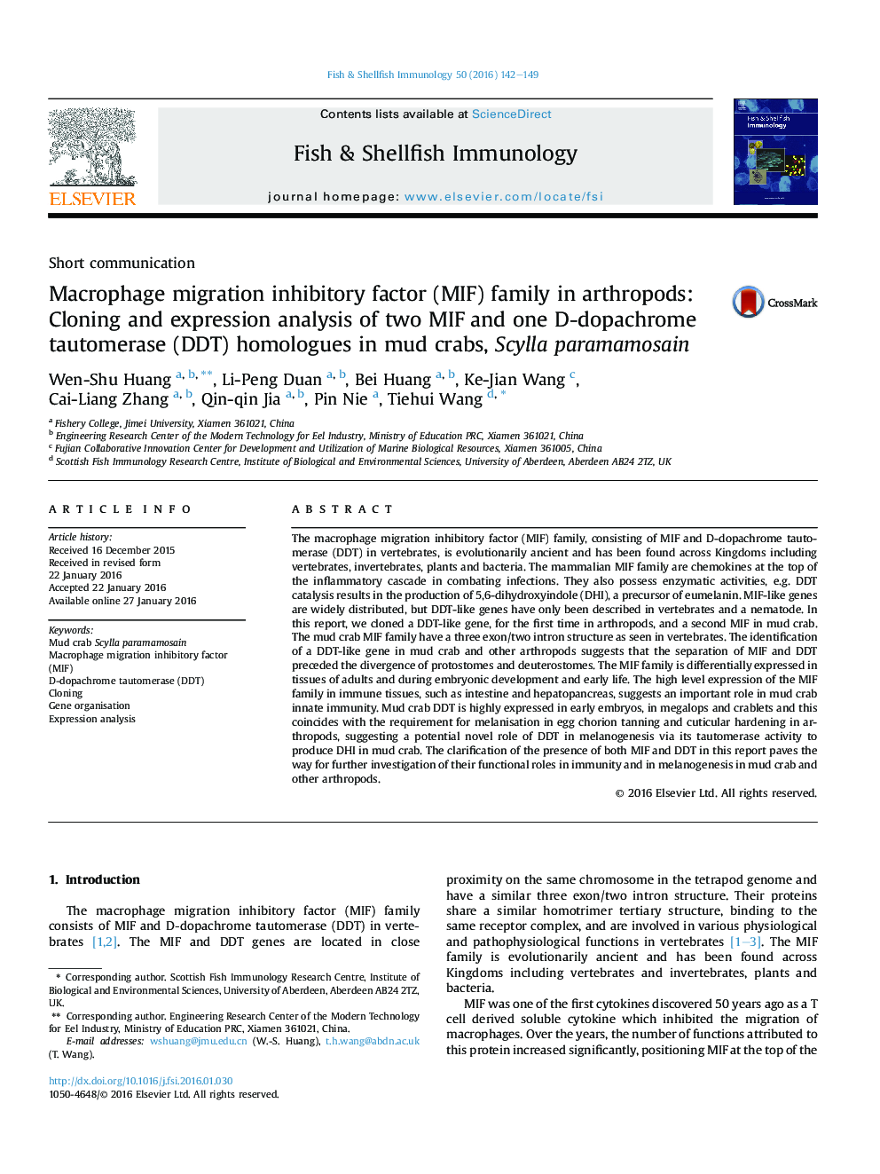 Macrophage migration inhibitory factor (MIF) family in arthropods: Cloning and expression analysis of two MIF and one D-dopachrome tautomerase (DDT) homologues in mud crabs, Scylla paramamosain