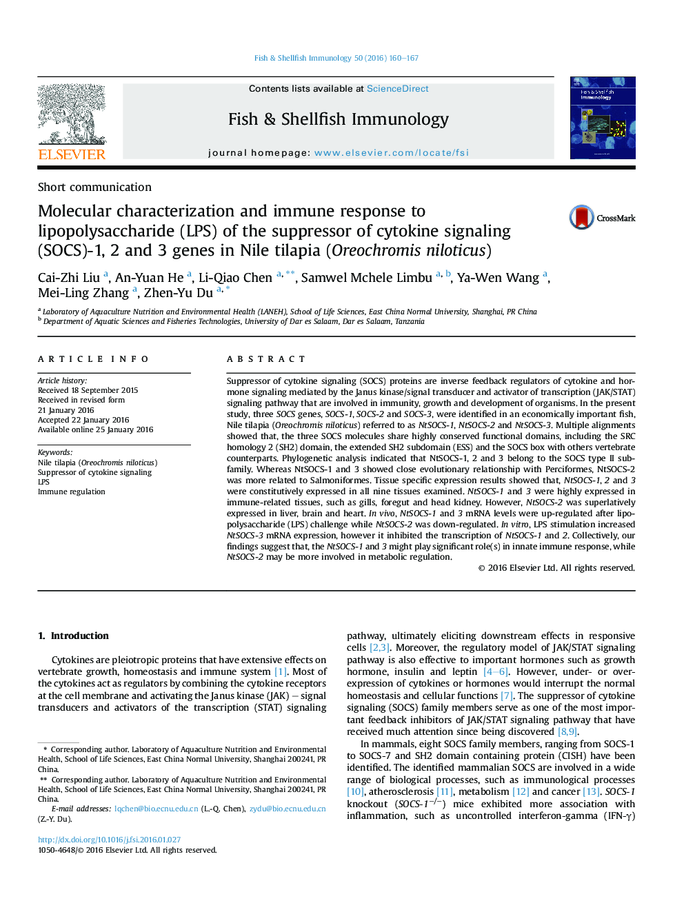 Molecular characterization and immune response to lipopolysaccharide (LPS) of the suppressor of cytokine signaling (SOCS)-1, 2 and 3 genes in Nile tilapia (Oreochromis niloticus)