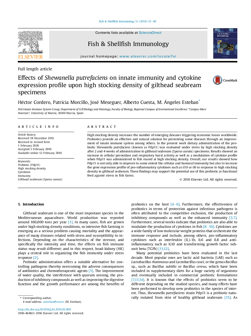 Effects of Shewanella putrefaciens on innate immunity and cytokine expression profile upon high stocking density of gilthead seabream specimens