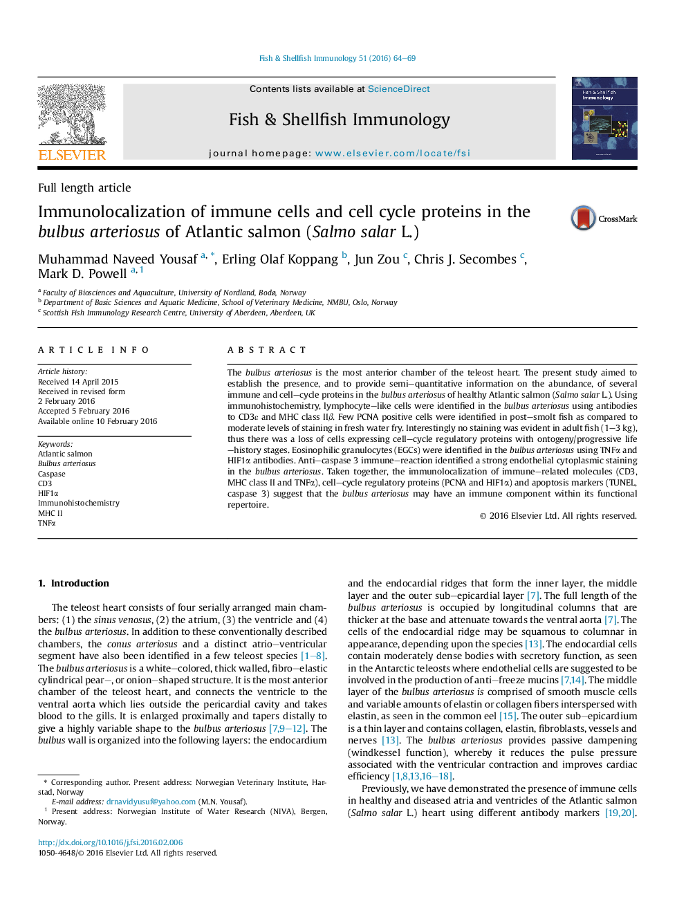 Immunolocalization of immune cells and cell cycle proteins in the bulbus arteriosus of Atlantic salmon (Salmo salar L.)