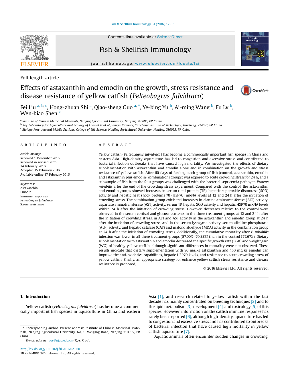 Effects of astaxanthin and emodin on the growth, stress resistance and disease resistance of yellow catfish (Pelteobagrus fulvidraco)