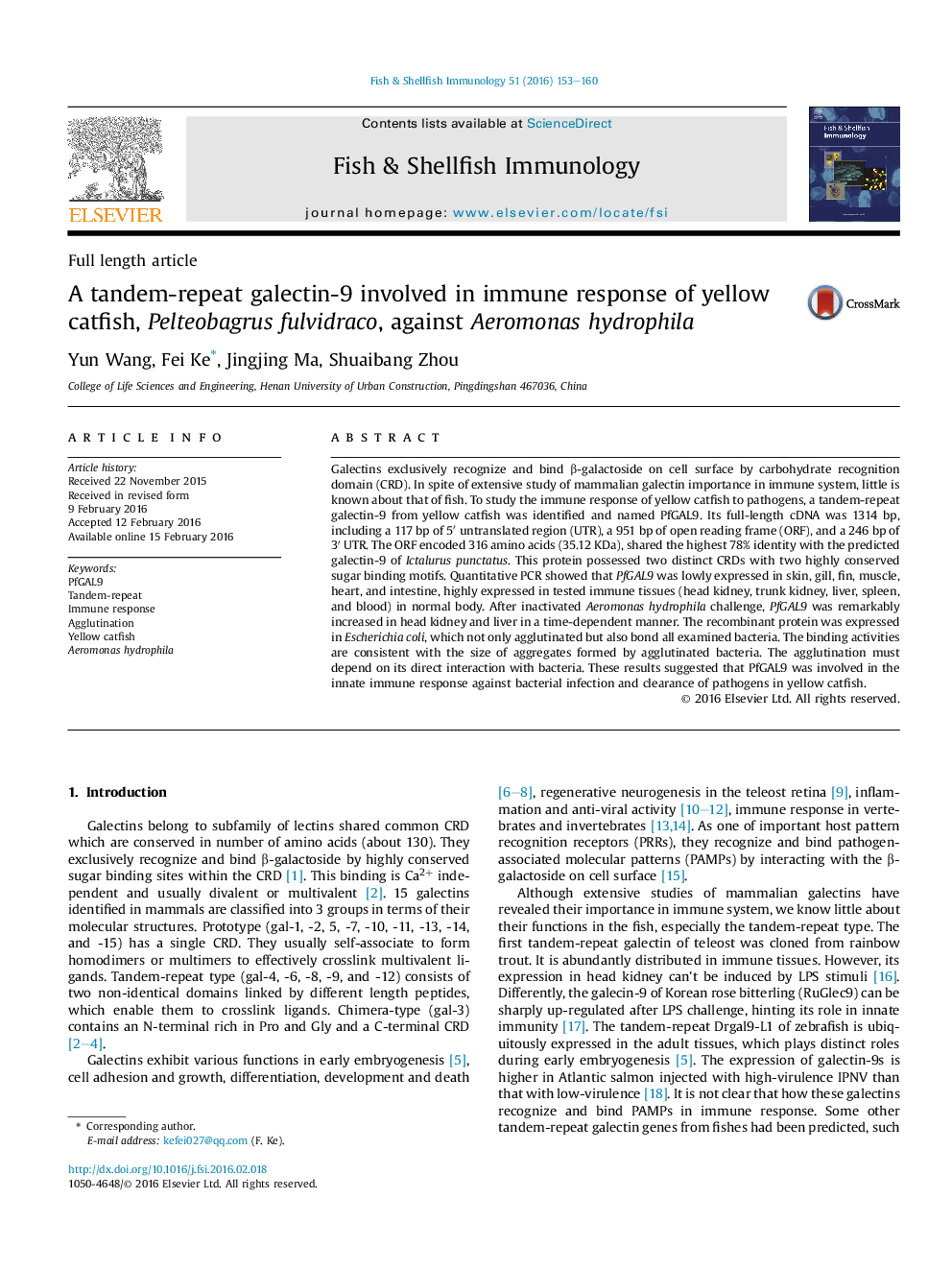 A tandem-repeat galectin-9 involved in immune response of yellow catfish, Pelteobagrus fulvidraco, against Aeromonas hydrophila